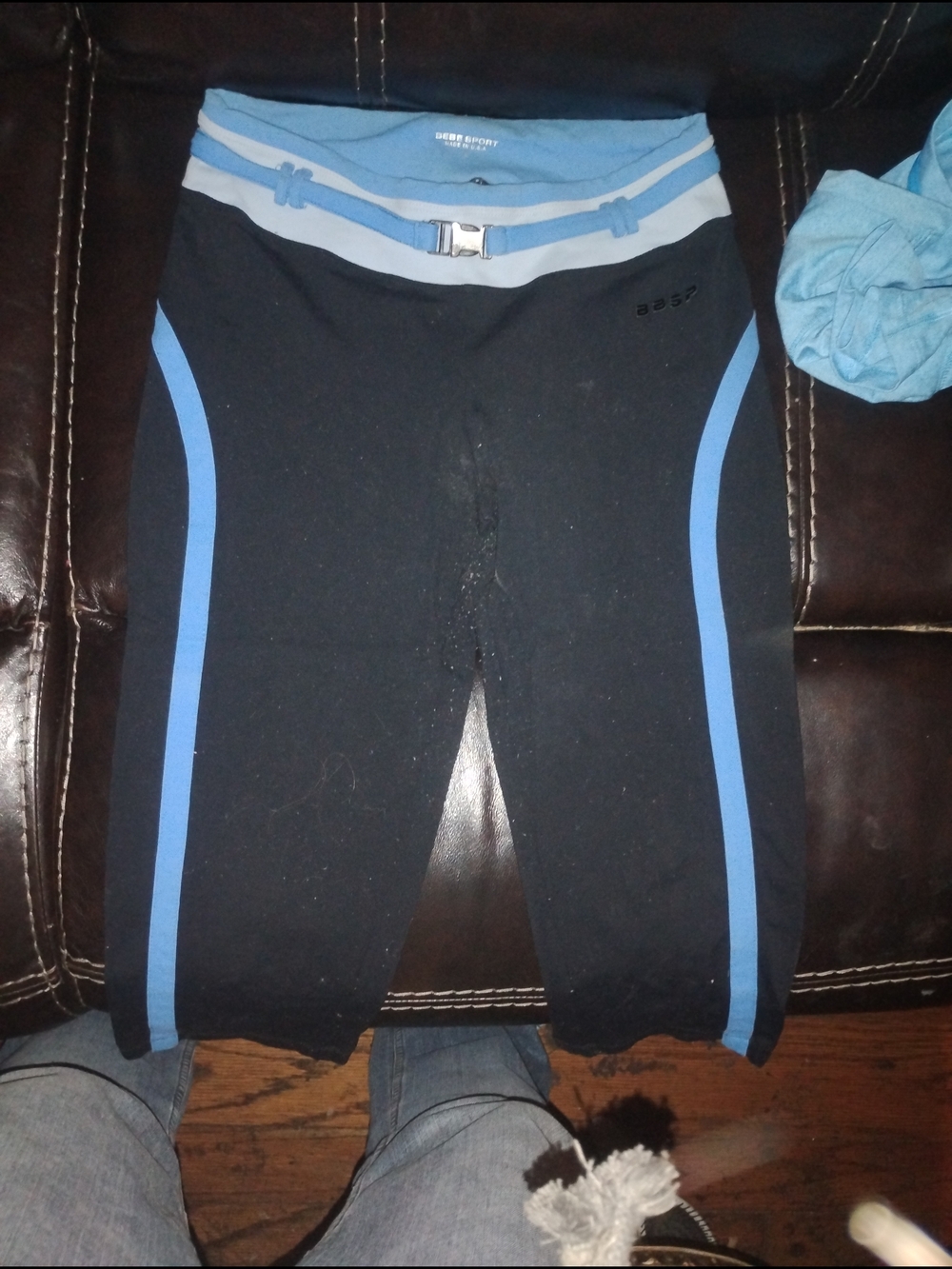bebe Black Leggings with Light Blue Trim